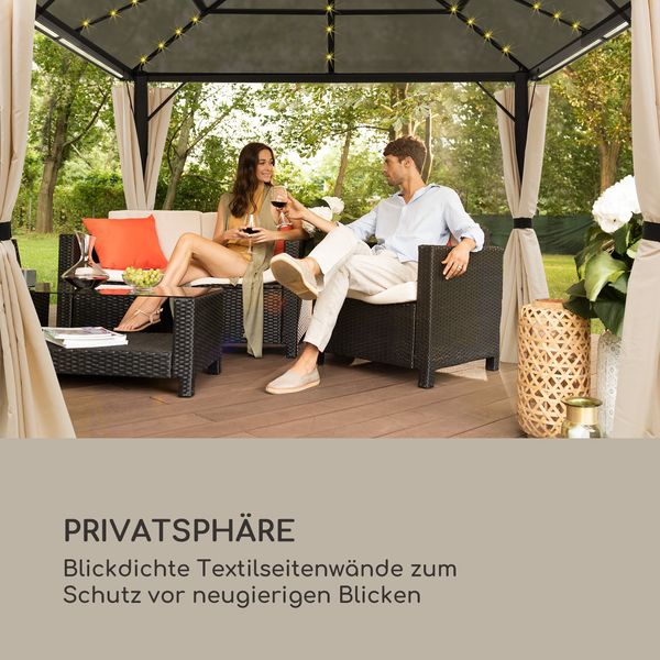 blumfeldt Pantheon Solid Sky Ambient Solar Pavillon, Komplett-Set, mit Seitenwänden, Material Gestell: Aluminium, Material Dach: Polycarbonat, mit Solar-Beleuchtung, Maße: ca. 3x4 m, hellgrau
