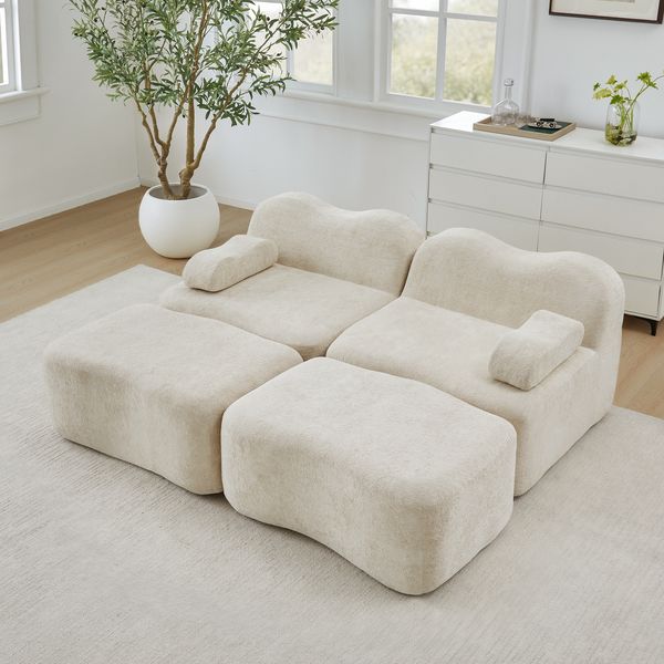 2-4-Sitzer modulares Sofa H 70 x T 192 x B 167 cm aus Samt in Beige, rahmenlos mit flexibel kombinierbaren Modulen