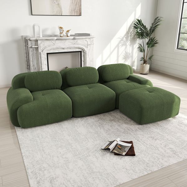 Flieks Modulares Cord Sofa 3-Sitzer mit 1x Hocker, Cloud Sofa rahmenlos, bodennah mit tiefer Sitzfläche, weich & bequem, rutschfest, Grün