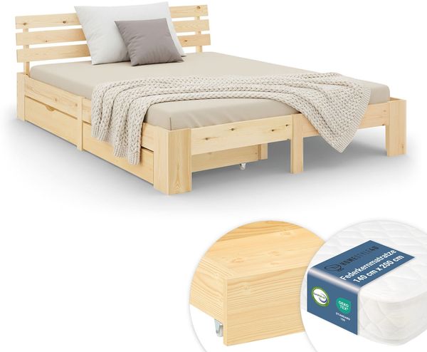 Holzbett 140x200 cm mit Federkernmatratze & 2 Bettkästen Doppelbett Bett Holzbettrahmen Natur Massiv Holz Lattenrost