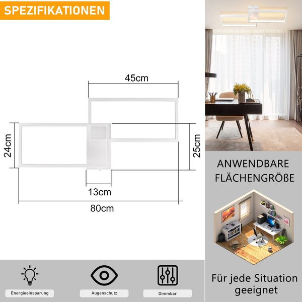 ZMH LED Deckenleuchte Wohnzimmer Deckenlampe Modern Dimmbar 80CM Wohnzimmerlampe Weiß mit Fernbedienung 48W Schlafzimmerlampe Rechteck Metall-Design für Schlafzimmer Kinderzimmer küchen Bild 6