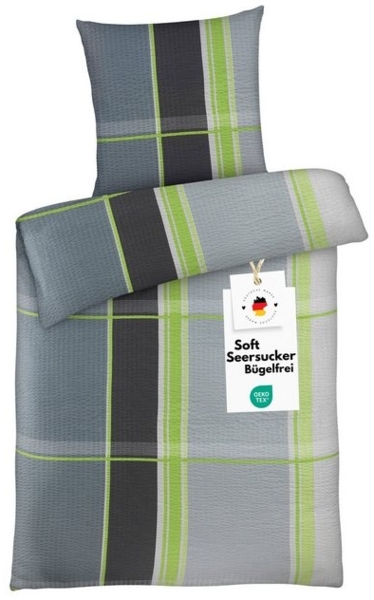 Carpe Sonno Seersucker Bettwäsche 135x200 cm aus 100% Polyester - Grau Grün kariert Bild 4