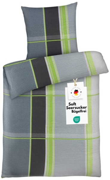 Carpe Sonno Seersucker Bettwäsche 135x200 cm aus 100% Polyester - Grau Grün kariert Bild 5