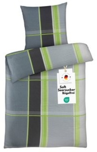 Carpe Sonno Seersucker Bettwäsche 135x200 cm aus 100% Polyester - Grau Grün kariert Bild 6