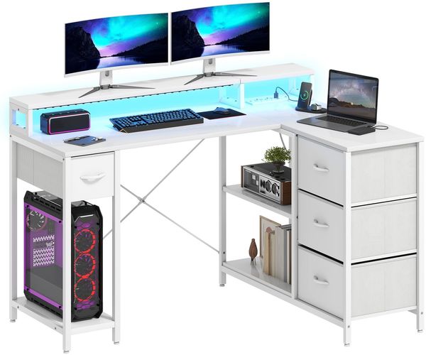DWVO Schreibtisch L Form, 140 x 100 x 85 cm Eckschreibtisch Reversibel mit 4 Schubladen&Monitorablage, Tisch L Form mit 2 USB-Ladeanschluss&2 Steckdose für Homeoffice, Braun Schwarz Weiß (Weiß)