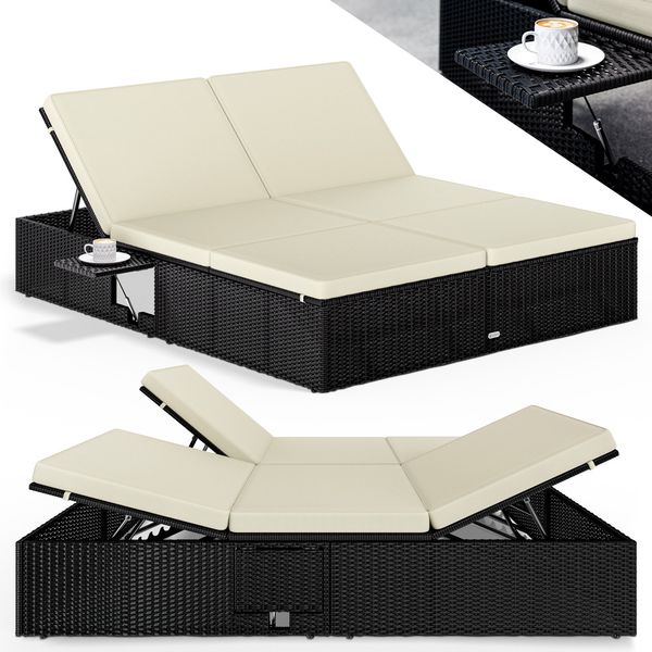 Casaria Gartenliege, mit Klapptisch, wetterfest, 7cm Auflagen, 7-fach höhenverstellbar, Polyrattan/Polyester schwarz/creme, 200 x 160 x 33 cm