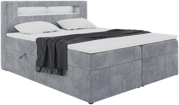 MEBLINI Boxspringbett ASPIN 160x200 cm mit Bettkasten und LED - H4/Grau Samt Polsterbett - Doppelbett mit Topper & Taschenfederkern-Matratze