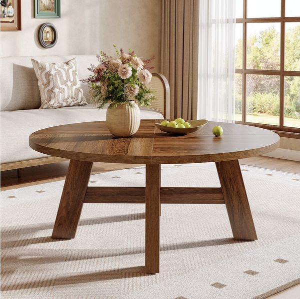 Tribesigns Couchtisch Runder, 100cm Wohnzimmertisch Mit Kreuzstrebe Holztisch für Wohnzimmer