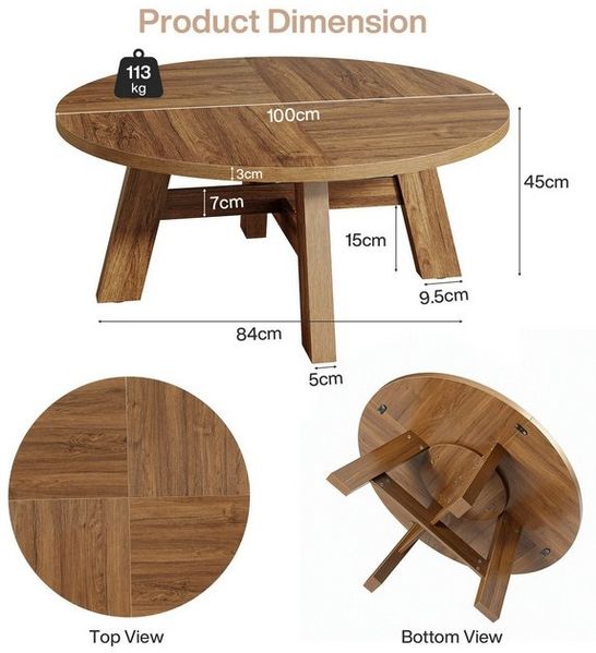 Tribesigns Couchtisch Runder, 100cm Wohnzimmertisch Mit Kreuzstrebe Holztisch für Wohnzimmer Bild 4