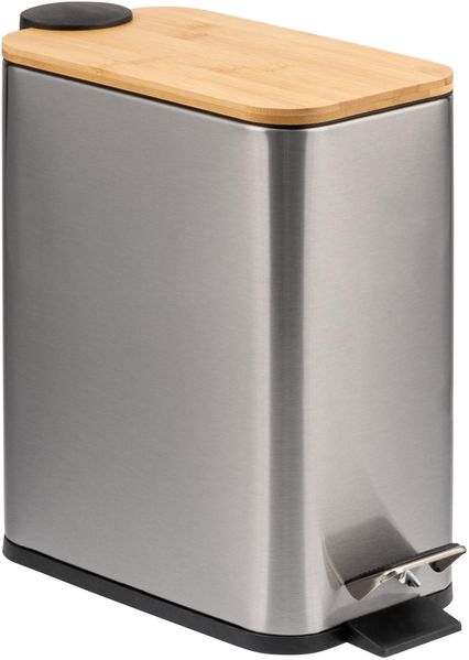 Abfalleimer mit Bambus-Deckel, Bad-Mülleimer mit Soft-Close, 5 l, Edelstahl