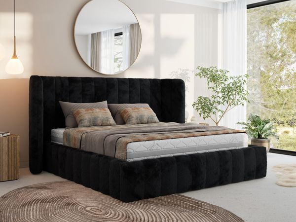 Polsterbett GOLETTA CLASSIC 200 x 200 cm mit gepolstertem Kopfteil, stabilem Bettrahmen, Lattenrost und Bettkasten mit Gasdruckfedern, Doppelbett, zeitloses Design Multipocket Matratze Matratze - Schwarz Plüsch - ELORI LUX