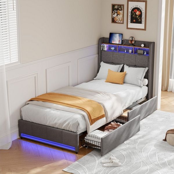 Furnishings Home Polsterbett 90x200 cm, LED Stauraumbett Jugendbett (1-tlg, Leinenmaterial, Komforthöhe, Leises Design Bett), Mit Ladefunktion und 2 Schubladen LED-Beleuchtung Einzelbett