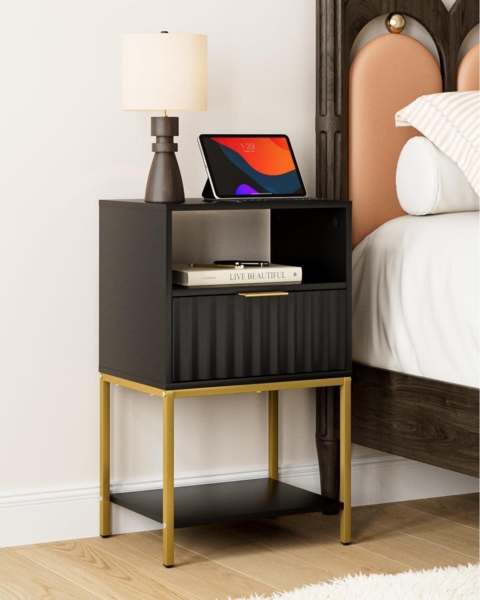 HEYZOEY Nachttisch 3-Tier Schwarz Goldrahmen Endtisch Fernsehtisch