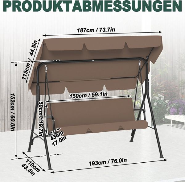 FIVMEN Hollywoodschaukel Gartenschaukel 3-Sitzer Gartenliege Schaukelbank Garten Schaukel, 193x110x152cm, Metall Hängeschaukel mit Verstellbarem Sonnendach Liegefunktion