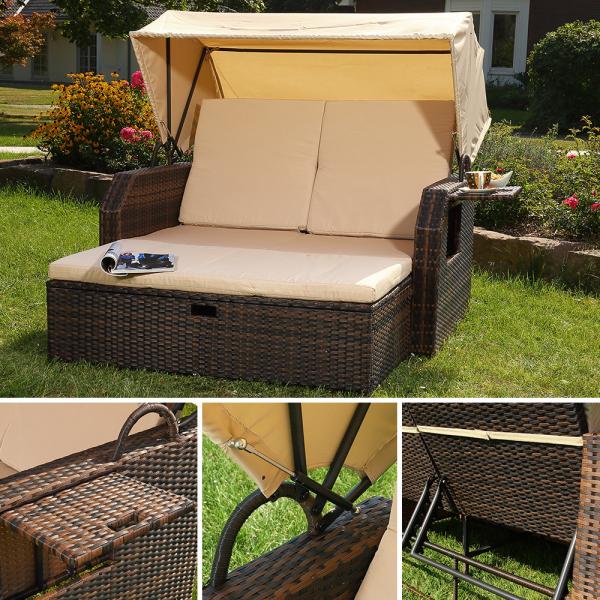 Feel2Home Strandkorb Strandkorb Braun Garten Sonnendach Sonnenliege Sonnenbett Polyrattan, BxTxH: 145x143x130 cm, Sonnenschutzdach