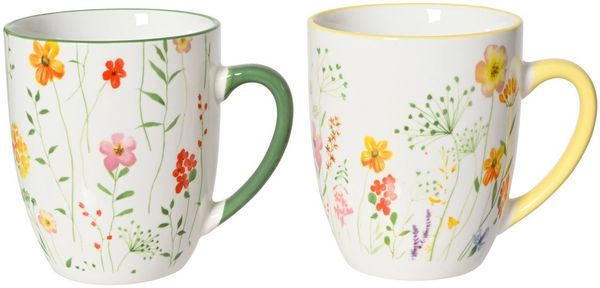 Decoris season decorations Tasse, Keramik, Tasse 10x9cm Keramik mit Blumenmotiv 1 Stück sortiert Weiß Grün Gelb