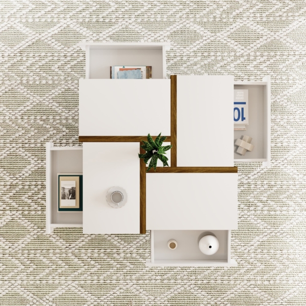 Couchtisch 78x78x34.8 cm, Hochglanz weiß mit 4 Schubladen und Ablage, Weiß und Holzfarbe