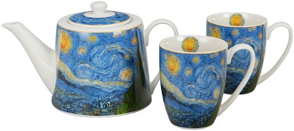 DUO ART GALLERY Teekanne mit 2 Bechern und Teesieb STARRY NIGHT inspired by Van Gogh, New Bone China Porzellan