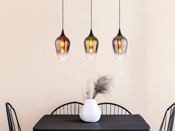 Ausgefallene LED Pendelleuchte mit drei bunten Glasschirmen, Breite 83cm