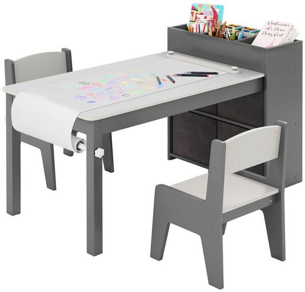 COSTWAY Kindersitzgruppe, (3-tlg), Kinderschreibtisch mit 2 Stühlen, Papierrolle