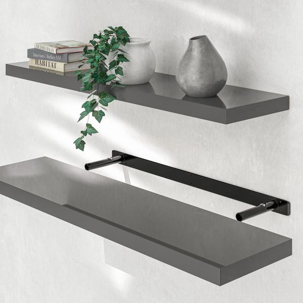 Casaria Wandregal mit Halterung, MDF, Grau / Hochglanz, 90 x 23 x 3,8cm