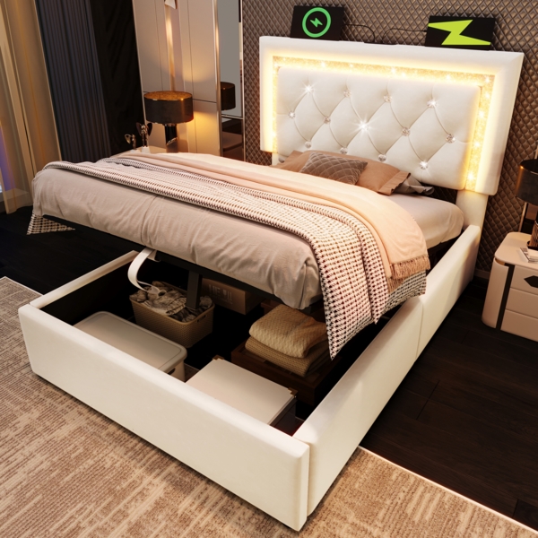 Merax Einzelbett 90x200 cm Jugendbett Polsterbett mit LED-Diamantband im Kopfteil, USB & Type-C Ladestation, hydraulischem Bettkasten mit Stauraum, Samt (Ohne Matratze) Beige