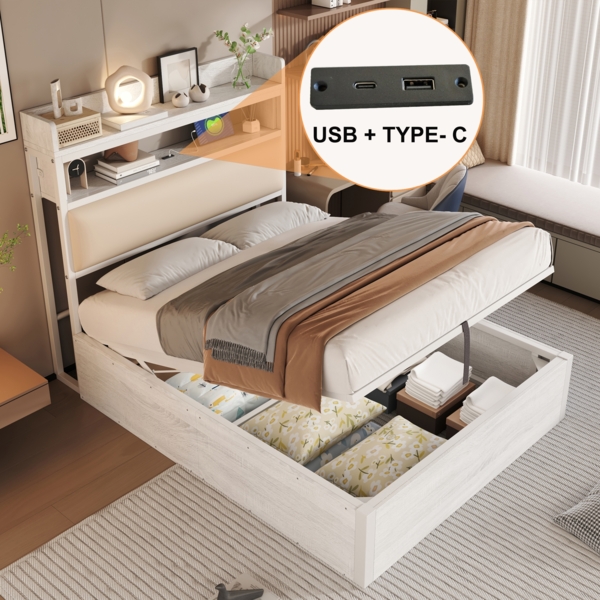 Bettrahmen, mit hydraulischem Hubmechanismus, USB, gepolstertem Kopfteil, Retro-Holz- und Metalldesign, versteckte Stauraumschicht, Einzelbett, Moderne Schlafzimmermöbel, Holz und Metall, Weiß, 90 x 200 Bild 4