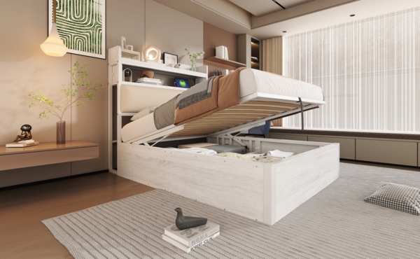 Bettrahmen, mit hydraulischem Hubmechanismus, USB, gepolstertem Kopfteil, Retro-Holz- und Metalldesign, versteckte Stauraumschicht, Einzelbett, Moderne Schlafzimmermöbel, Holz und Metall, Weiß, 90 x 200 Bild 6