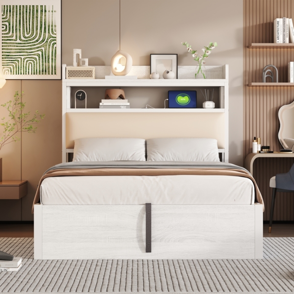 Bettrahmen, mit hydraulischem Hubmechanismus, USB, gepolstertem Kopfteil, Retro-Holz- und Metalldesign, versteckte Stauraumschicht, Einzelbett, Moderne Schlafzimmermöbel, Holz und Metall, Weiß, 90 x 200 Bild 3