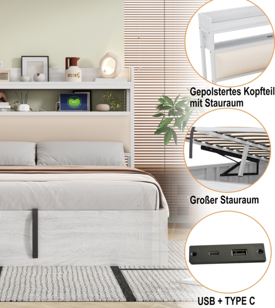 Bettrahmen, mit hydraulischem Hubmechanismus, USB, gepolstertem Kopfteil, Retro-Holz- und Metalldesign, versteckte Stauraumschicht, Einzelbett, Moderne Schlafzimmermöbel, Holz und Metall, Weiß, 90 x 200 Bild 5
