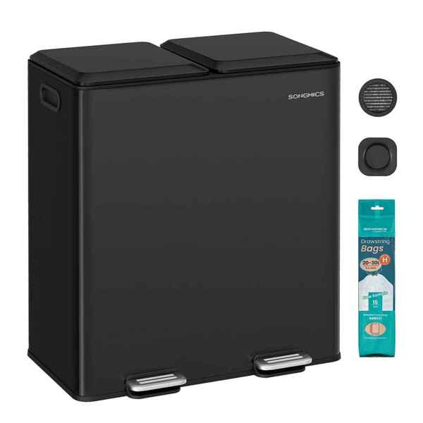 SONGMICS Mülleimer Küche, 2 x 30 L, 2 Fächer, Mülltrennsystem, Softclose, herausnehmbare Inneneimer, Pedalen, Stahl, tintenschwarz