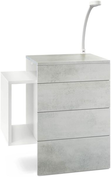 Vladon Nachttisch Queens, Nachttischschrank mit 2 Schubladen und 1 seitlichem Fach zur Wandmontage, Weiß matt/Beton Oxid-Optik, inkl. LED Flexi Lampe weiß (60 x 63 x 36 cm)