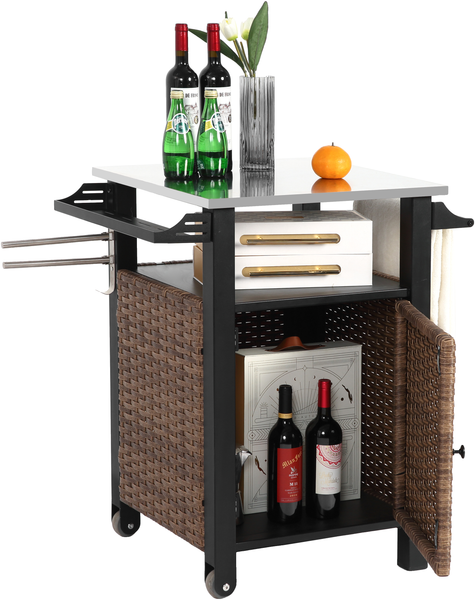LVHOM Küchenwagen aus Polyrattan auf Rollen, Servierwagen mit Arbeitsplatte, Handtuchhalter, Gewürzregalen & Schrank, Kücheninsel Küchenschrank