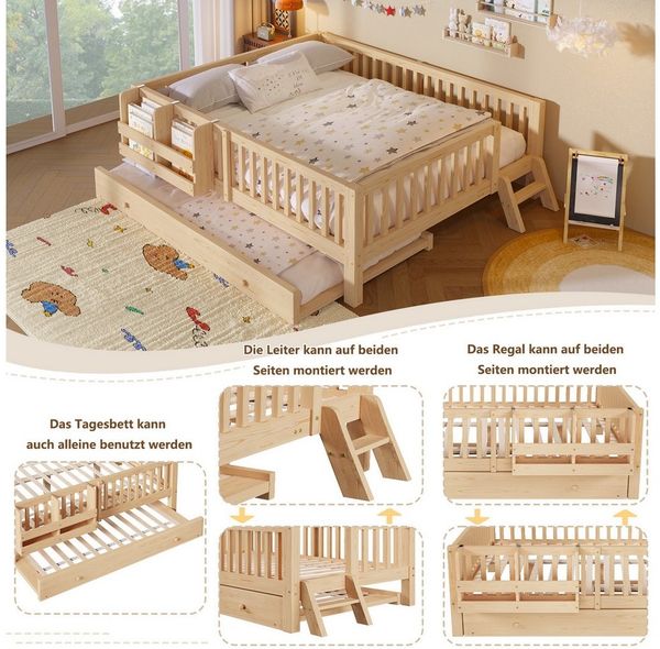 Flieks Massivholzbett, Kinderbett 140x200cm mit Ausziehbett 90x190cm, Ablagefächer, Geländer Bild 4