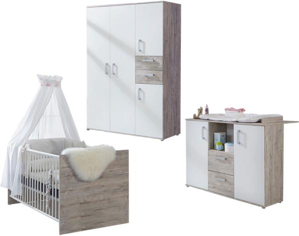 Babyzimmer 3-teilig, Babybett, Wickelkommode & Kleiderschrank, Bente Komplettset