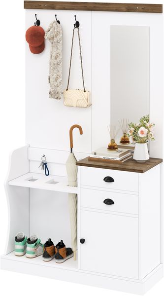Garderobenset mit Spiegel, Haken, Schubladen und Schirmständer.