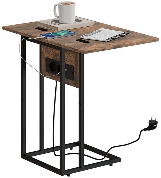 HOMCOM Beistelltisch Klappbar C-förmig Nachttisch mit Steckdosenleiste, Couchtisch mit Beinen aus Metall, Wohnzimmertisch Sofatisch für Wohnzimmer Schlafzimmer 39 x 29 x 57 cm Rustikal Braun