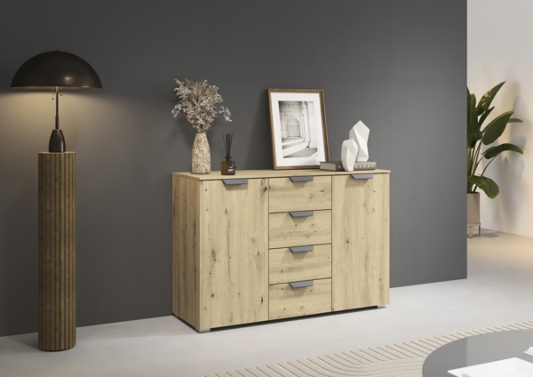 rauch Aditio Box, Kommode, 2-türig, 4 Schubladen, mit Softclose-Funktion, Farbe Eiche Artisan, BxHxT 120x81x42cm