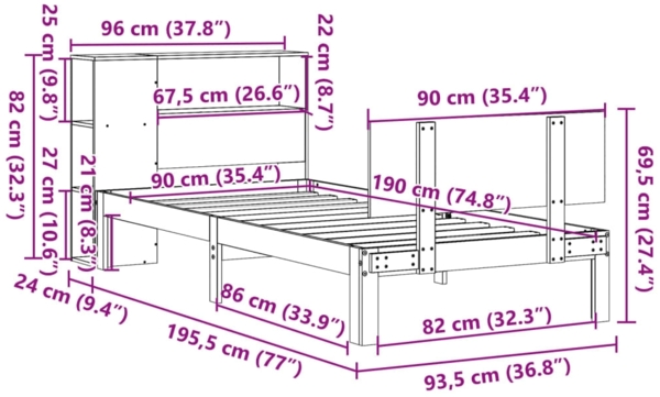 vidaXL Massivholzbett mit Regal ohne Matratze Weiß 90x190 cm Kiefer 3322645 Bild 10