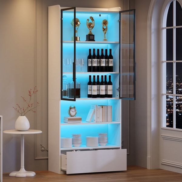 MODFU Vitrine Schlanker Hochschrank für begrenzte Stellflächen,80x34x180 cm (Packung, 1-St, Vielseitig als Wohnzimmerschrank oder dekorative Vitrine nutzbar) In Weiß, mit LED, Glastüren, Schublade & offenen Fächern