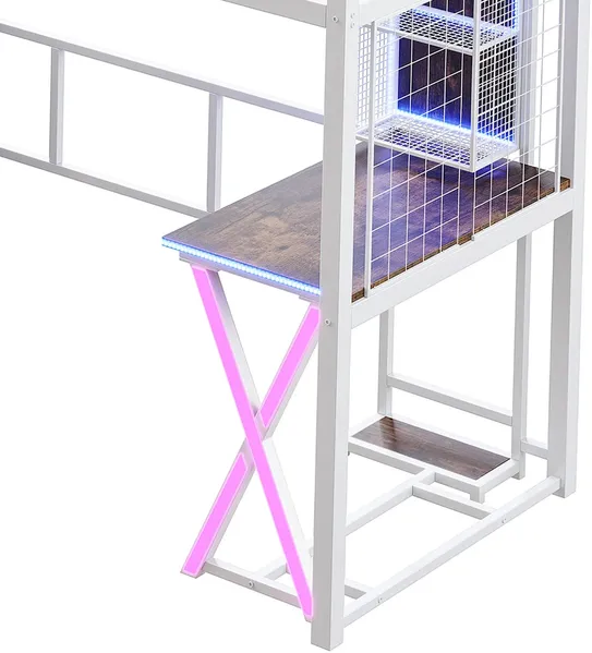 Hochbett mit Schreibtisch und LED-Beleuchtung, 90x200 cm, Treppe mit Regal und Kleiderschrank, Kinderbett mit Rausfallschutz, Metallbett Bild 10