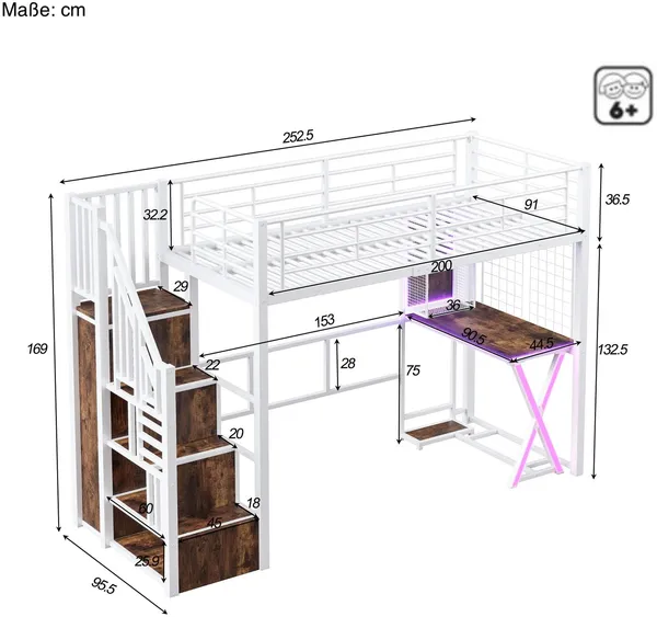Hochbett mit Schreibtisch und LED-Beleuchtung, 90x200 cm, Treppe mit Regal und Kleiderschrank, Kinderbett mit Rausfallschutz, Metallbett Bild 6
