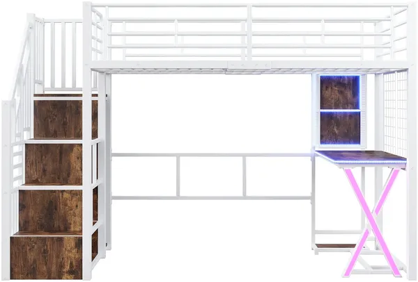 Hochbett mit Schreibtisch und LED-Beleuchtung, 90x200 cm, Treppe mit Regal und Kleiderschrank, Kinderbett mit Rausfallschutz, Metallbett Bild 8