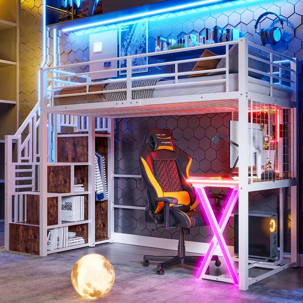 Hochbett mit Schreibtisch und LED-Beleuchtung, 90x200 cm, Treppe mit Regal und Kleiderschrank, Kinderbett mit Rausfallschutz, Metallbett