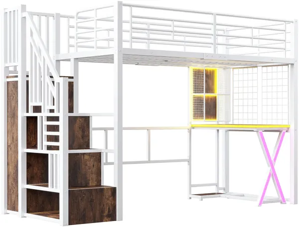 Hochbett mit Schreibtisch und LED-Beleuchtung, 90x200 cm, Treppe mit Regal und Kleiderschrank, Kinderbett mit Rausfallschutz, Metallbett Bild 7