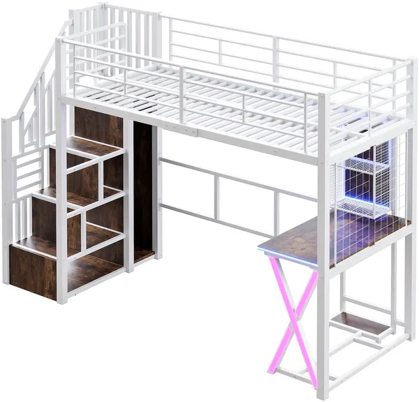 Hochbett mit Schreibtisch und LED-Beleuchtung, 90x200 cm, Treppe mit Regal und Kleiderschrank, Kinderbett mit Rausfallschutz, Metallbett Bild 9