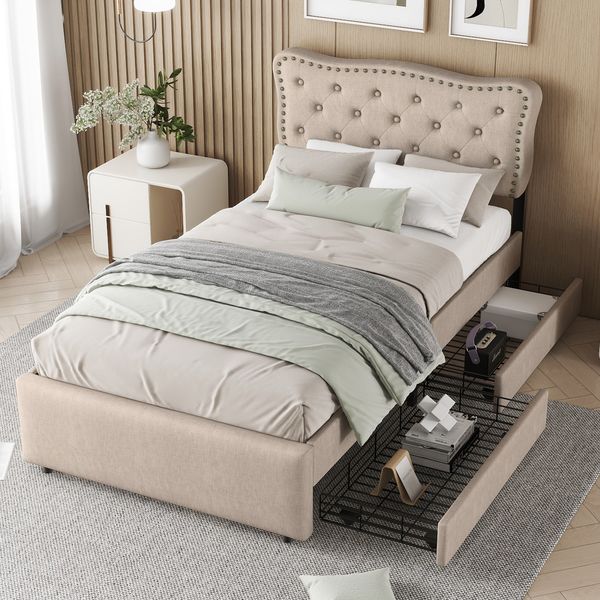 90*200 cm flaches Bett, gepolstertes Bett, Nachttischpolsterung mit dekorativen Nieten, doppelte Schubladen, dunkelbeige
