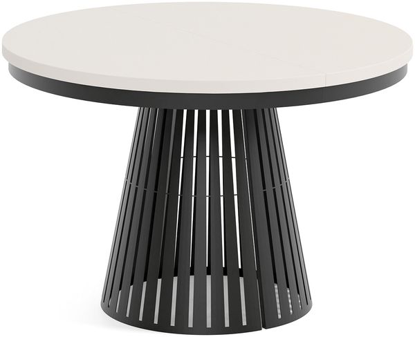 MEBLINI Esstisch Rund Ausziehbar aus Metall - 120-196x76 cm - CONEY - Kaschmir/Schwarz Matt - Loft - Esszimmertisch Modern - Küchentisch - Ausziehtisch - Round Dining Table