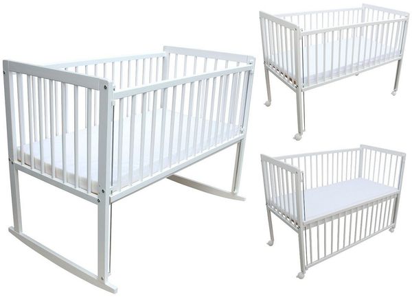 Micoland Beistellbett Kinderbett / Beistellbett / Wiege 3in1 120x60cm mit Matratze weiß