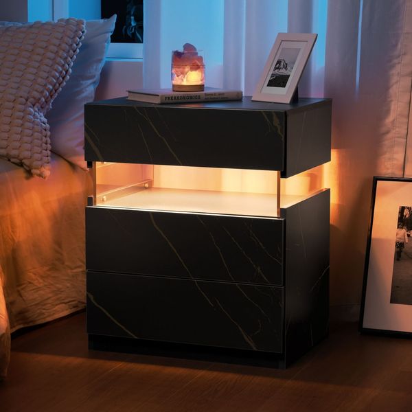 Nachttisch, Beistelltisch Nachtkommode mit LED-Schubladen, modern, MDF, Weiß/Schwarz